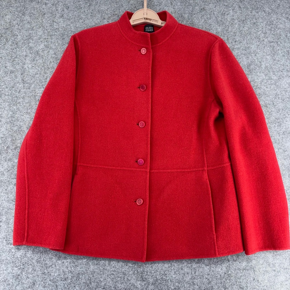 Eileen Fisher Red Wool Cashmere Blend Mock Neck Button Front Jacket Small